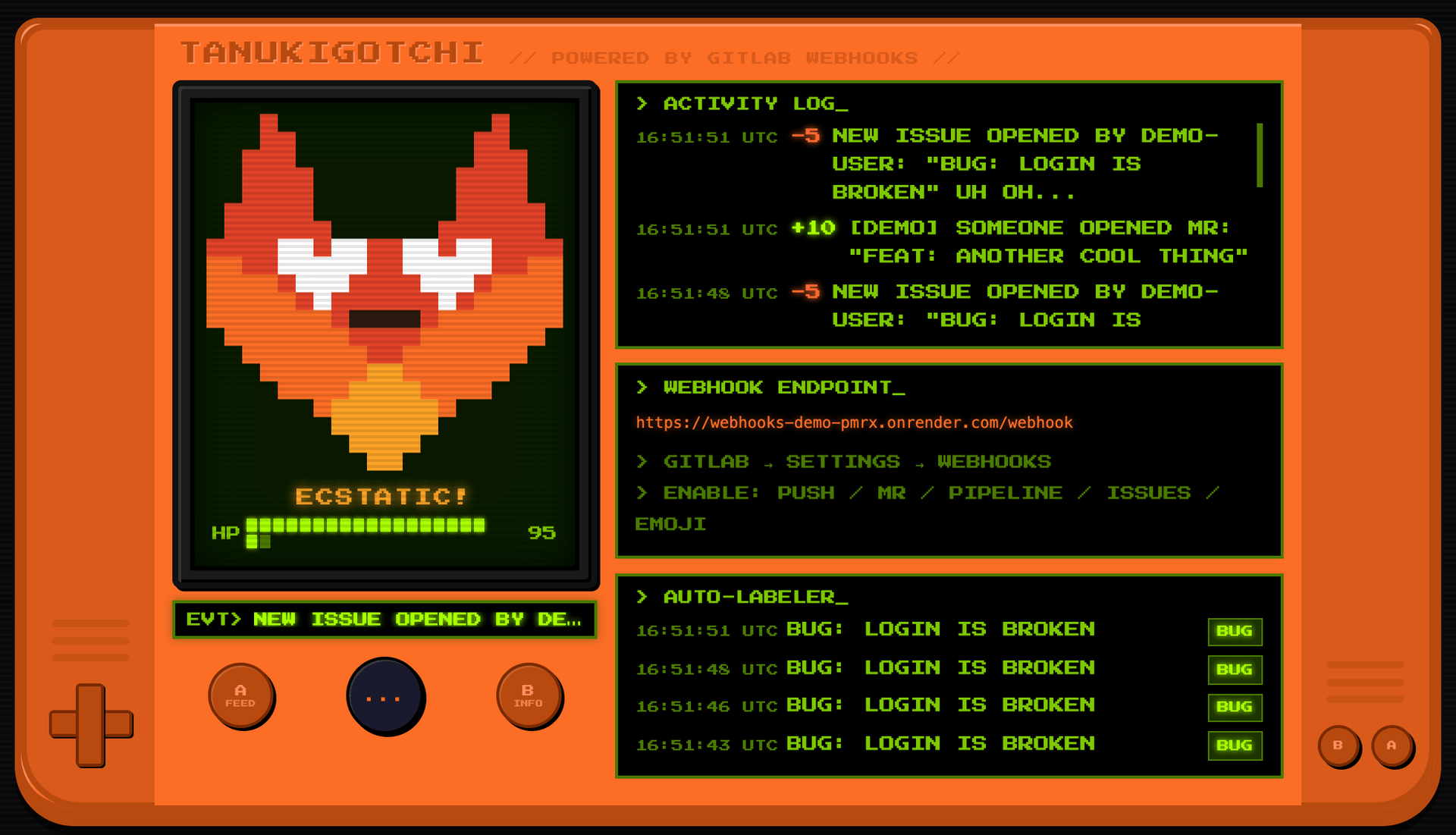 Tanukigotchi after a burst of demo events: the pixel-art tanuki is ECSTATIC at 95 HP, the activity log shows +10 for an opened MR and -5 for each new issue, and the auto-labeler has tagged each "Bug: login is broken" issue with the bug label