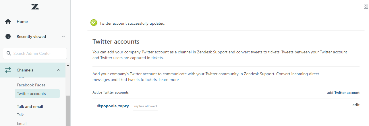 Zendesk Twitter account added