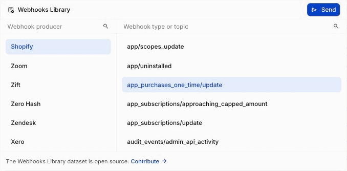 Searching the Webhooks Library for a provider, selecting Shopify, and picking an event type to send