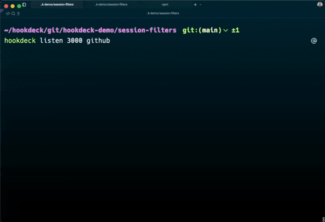 Hookdeck CLI v1.1.0 interactive mode showing webhook debugging interface with event list and payload inspection